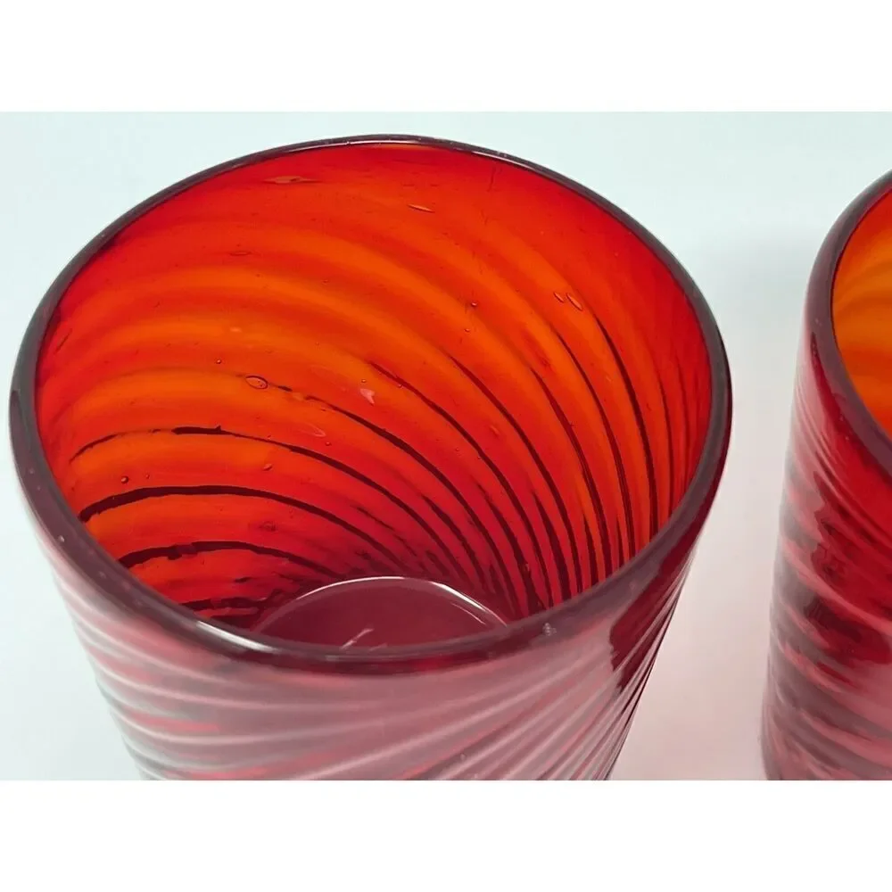 Handblown VALENCIA Garnet Ruby Red Optic Twist Tumbler Glasses 3.75” Set Of 2